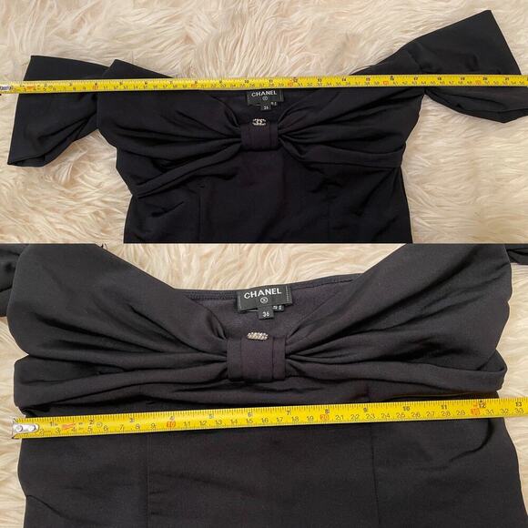 Chanel 23S Black Jersey Off-Shoulder Bow Top | Rare Crystal CC Logo FR 36 - Picture 9 of 12